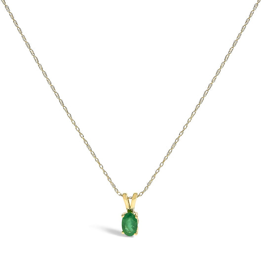 14K Yellow Gold Oval Green Emerald Solitaire Pendant Necklace - 18" Inches-1