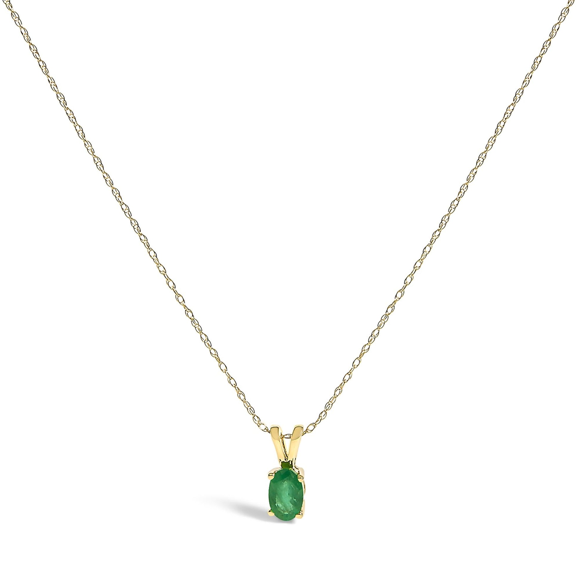 14K Yellow Gold Oval Green Emerald Solitaire Pendant Necklace - 18" Inches-2