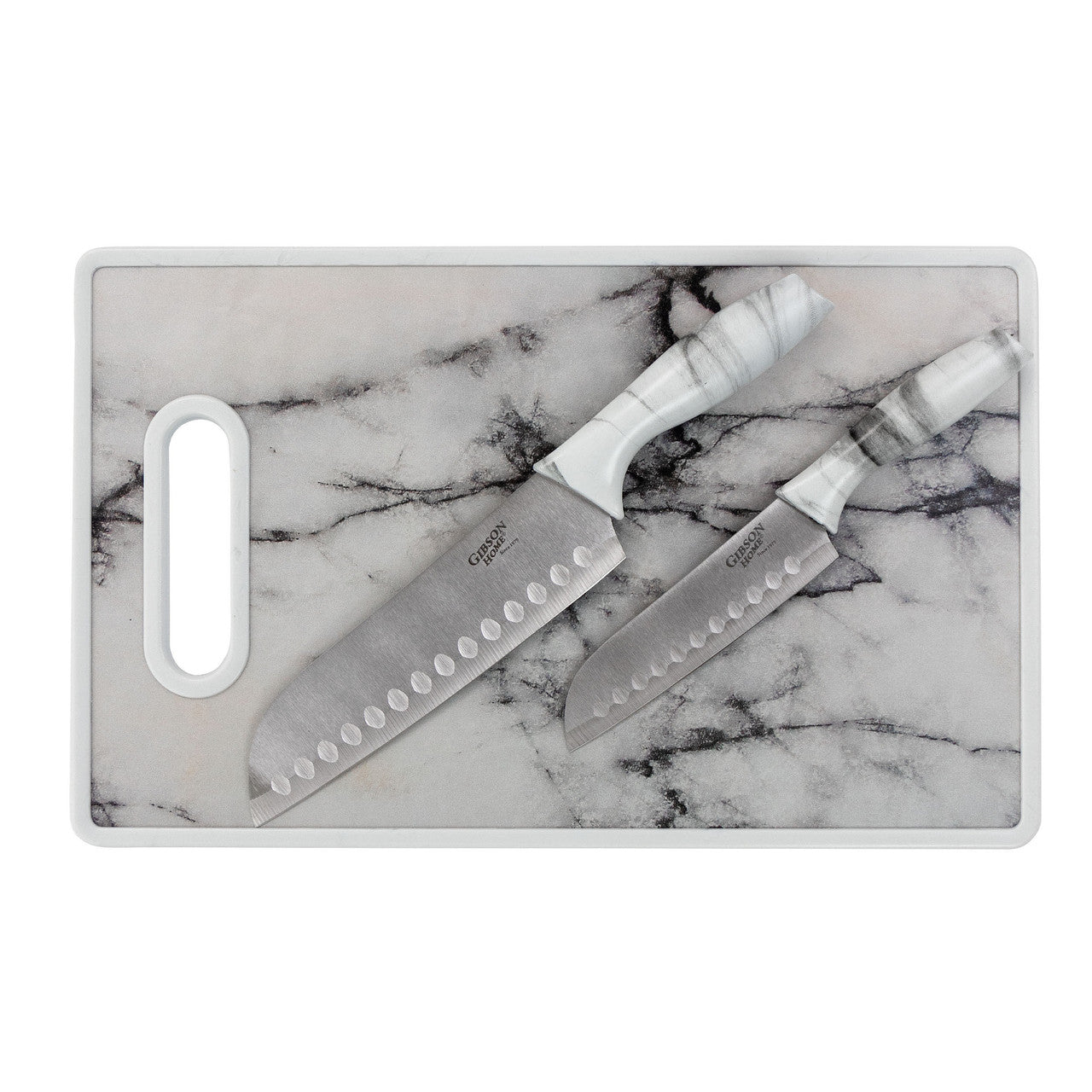 Gibson Home Beaumont 3 Piece Stainless Steel Santoku Knife Set with Cutting Board in White Marble-0