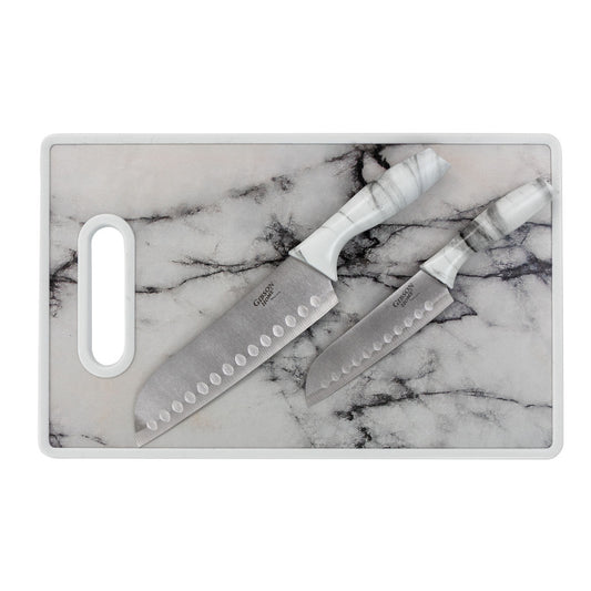 Gibson Home Beaumont 3 Piece Stainless Steel Santoku Knife Set with Cutting Board in White Marble-0