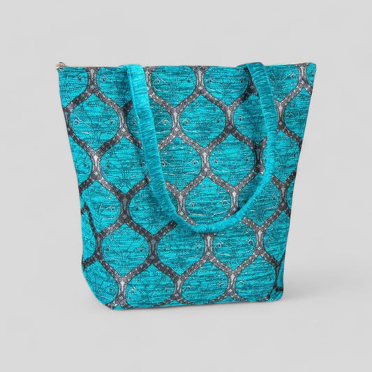 Authentic Kilim Fabric Ottoman Peacock Design Purse with Handles, Turkish Carpet, Beach Bag, Tote, Reusable Shopping Bag -- Turquoise/Silver-0