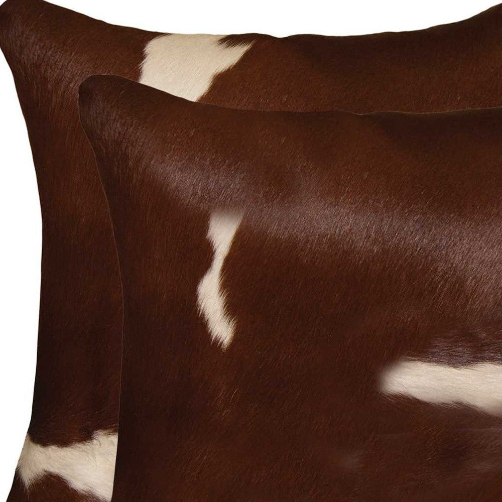 Set of Two 18" Brown And White Cowhide Throw Pillows-5
