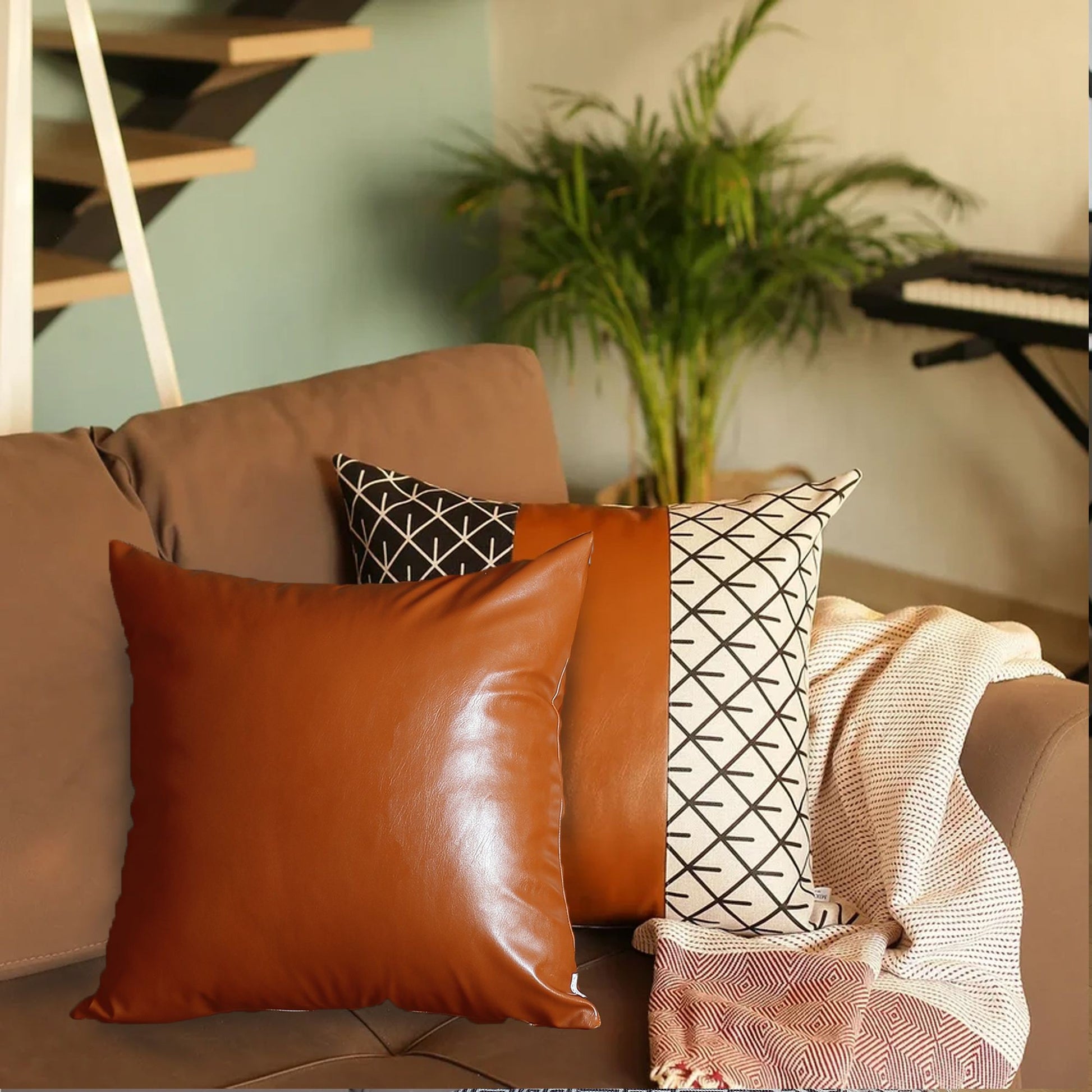 Set of 2 Brown Patterned and Solid Throw Pillows-3