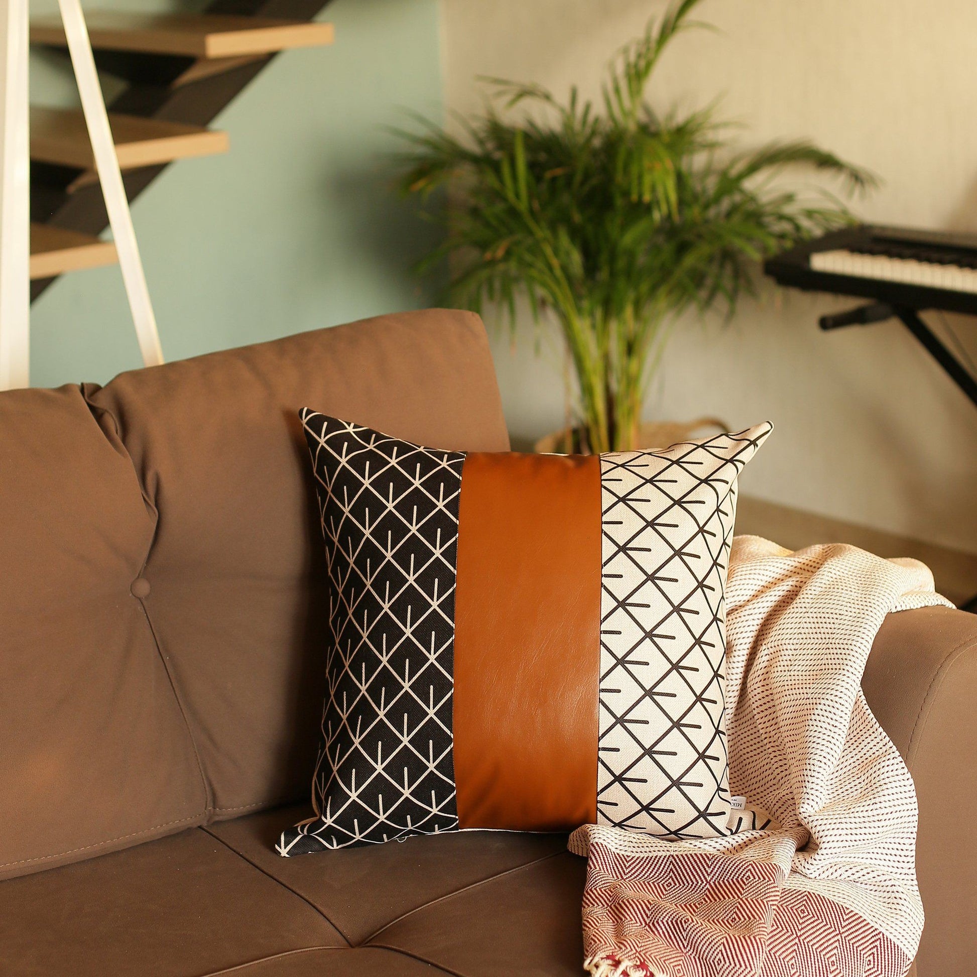 Set of 2 Brown Patterned and Solid Throw Pillows-1