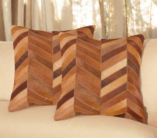Set of Two 18" Tan Chevron Cowhide Throw Pillows-0