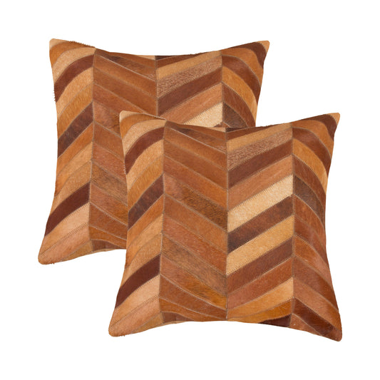 Set of Two 18" Tan Chevron Cowhide Throw Pillows-1