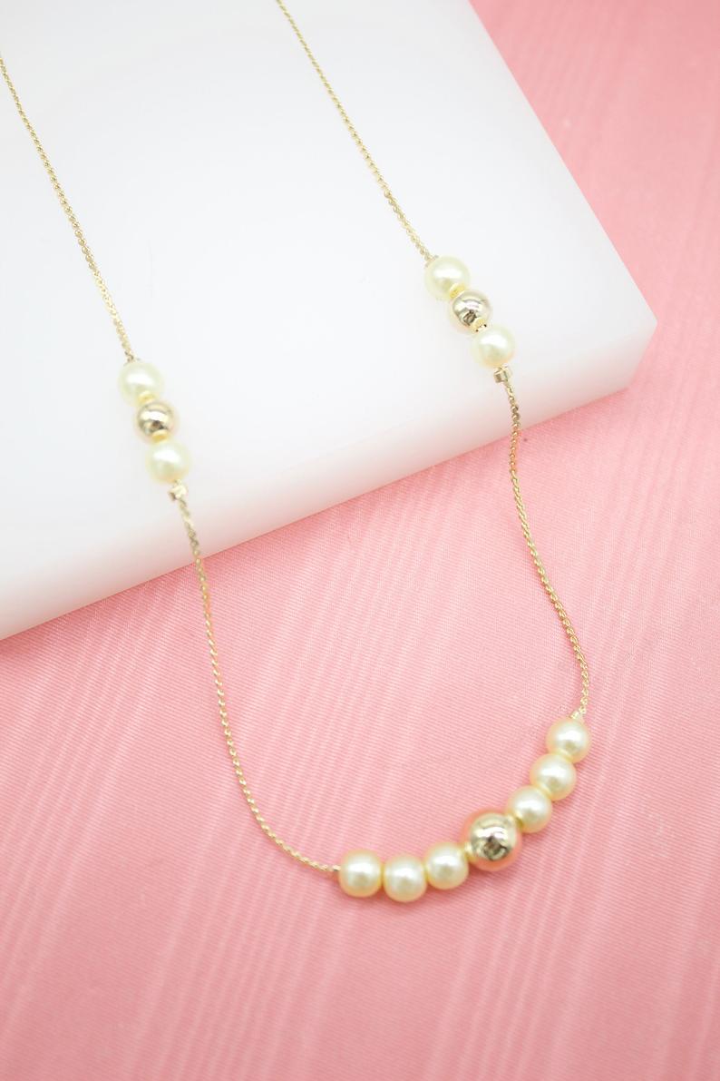 18K Gold Filled Pearl & Gold Bead Designed Chain Necklace (F245)-0