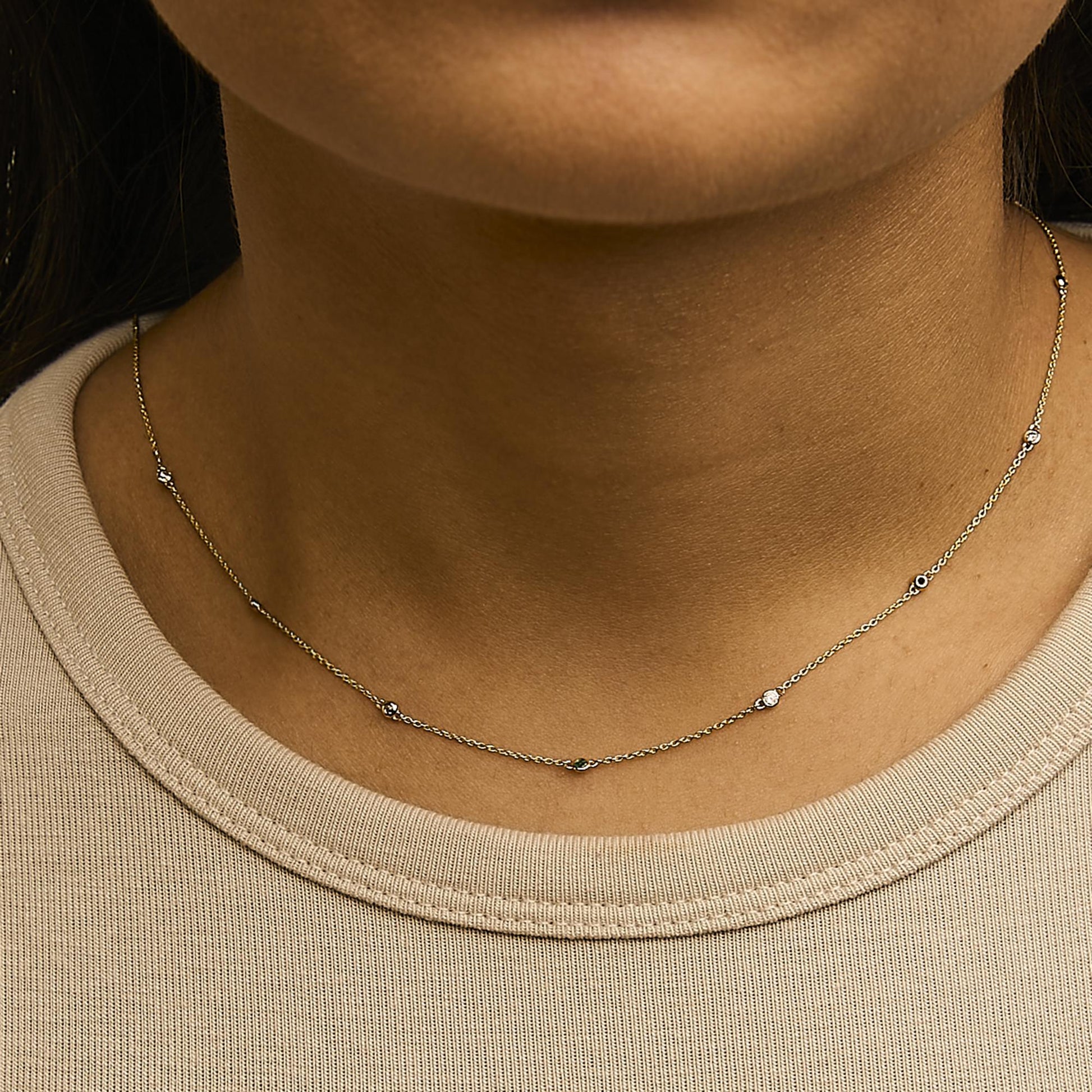 14K Yellow Gold Bezel Set Alternating Green Emerald and Diamond Station Necklace - 18" Inches-3