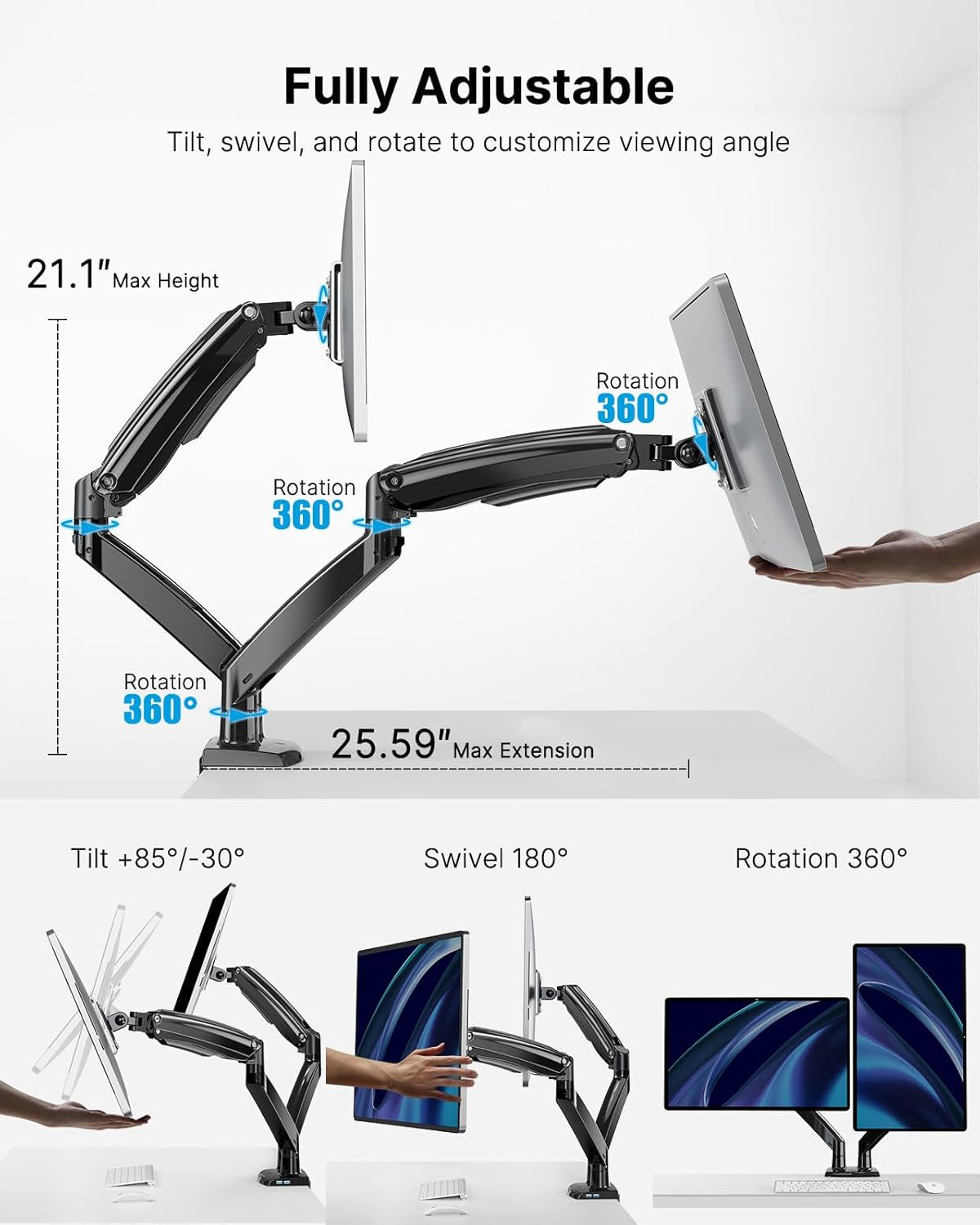Dual Monitor Stand with USB, Height Adjustable-4