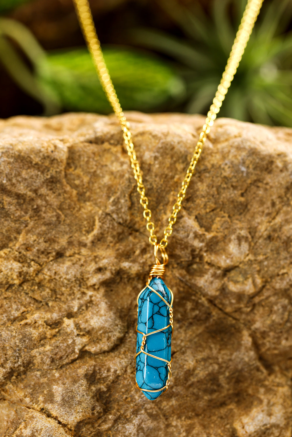 Blue Gold Wire Wrapped Turquoise Pendant Necklace-0