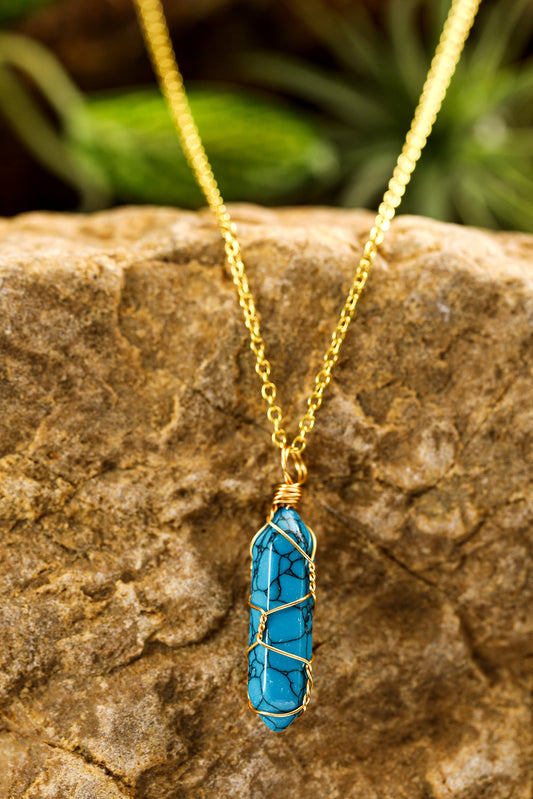 Blue Gold Wire Wrapped Turquoise Pendant Necklace-0