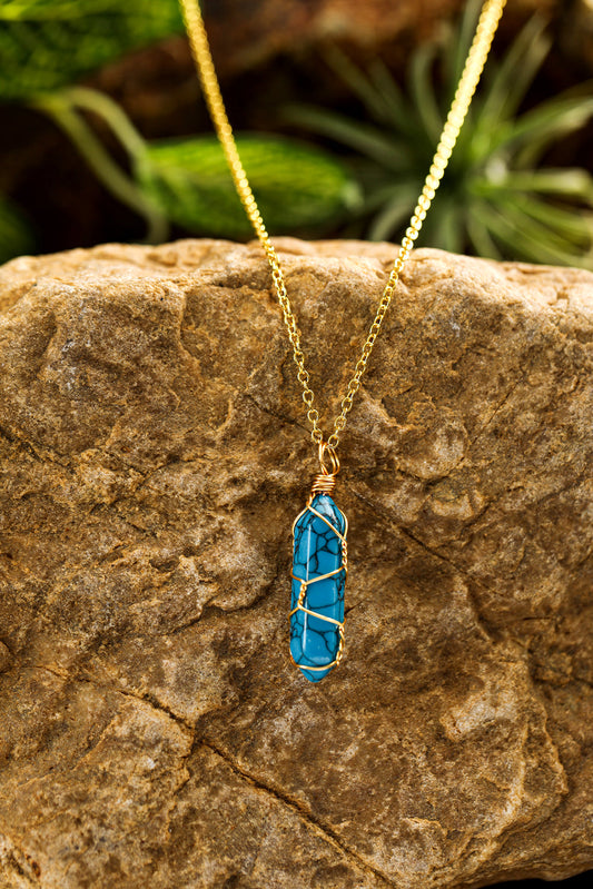 Blue Gold Wire Wrapped Turquoise Pendant Necklace-1