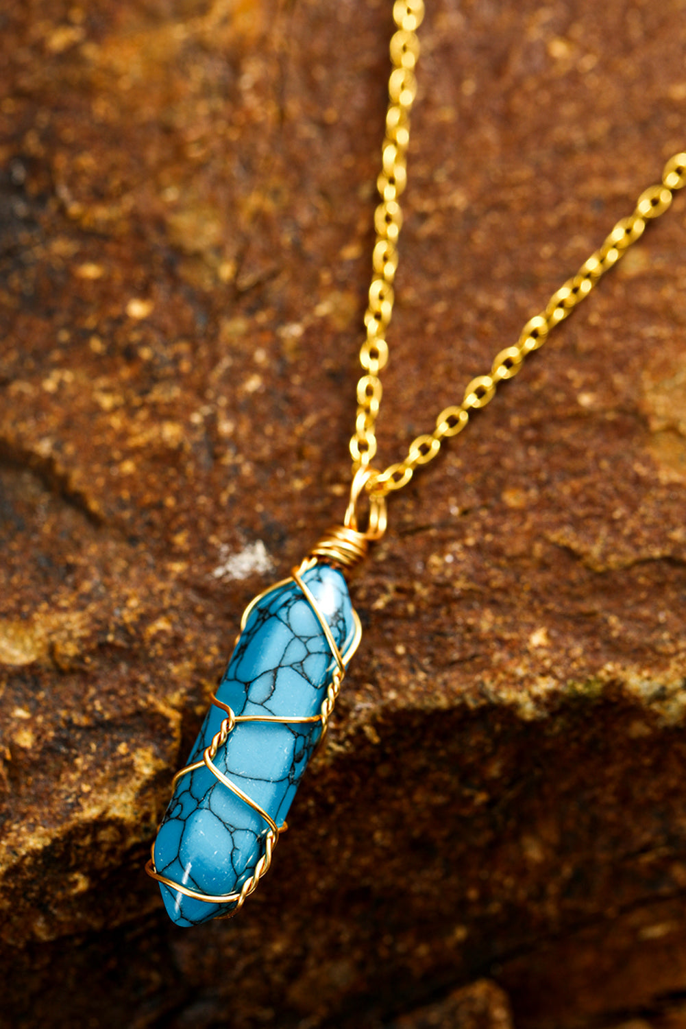 Blue Gold Wire Wrapped Turquoise Pendant Necklace-2