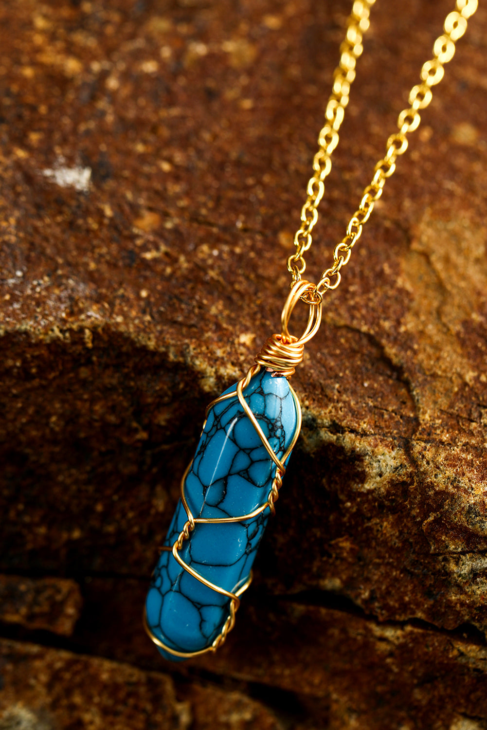 Blue Gold Wire Wrapped Turquoise Pendant Necklace-3