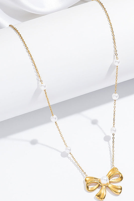 Gold Pearl Decor Plated Bow Knot Pendant Necklace-1