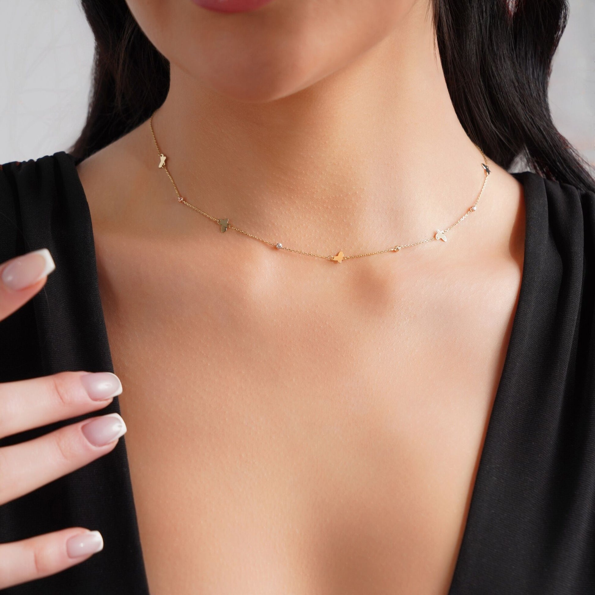 Butterfly Station Necklace in 14K Gold-3