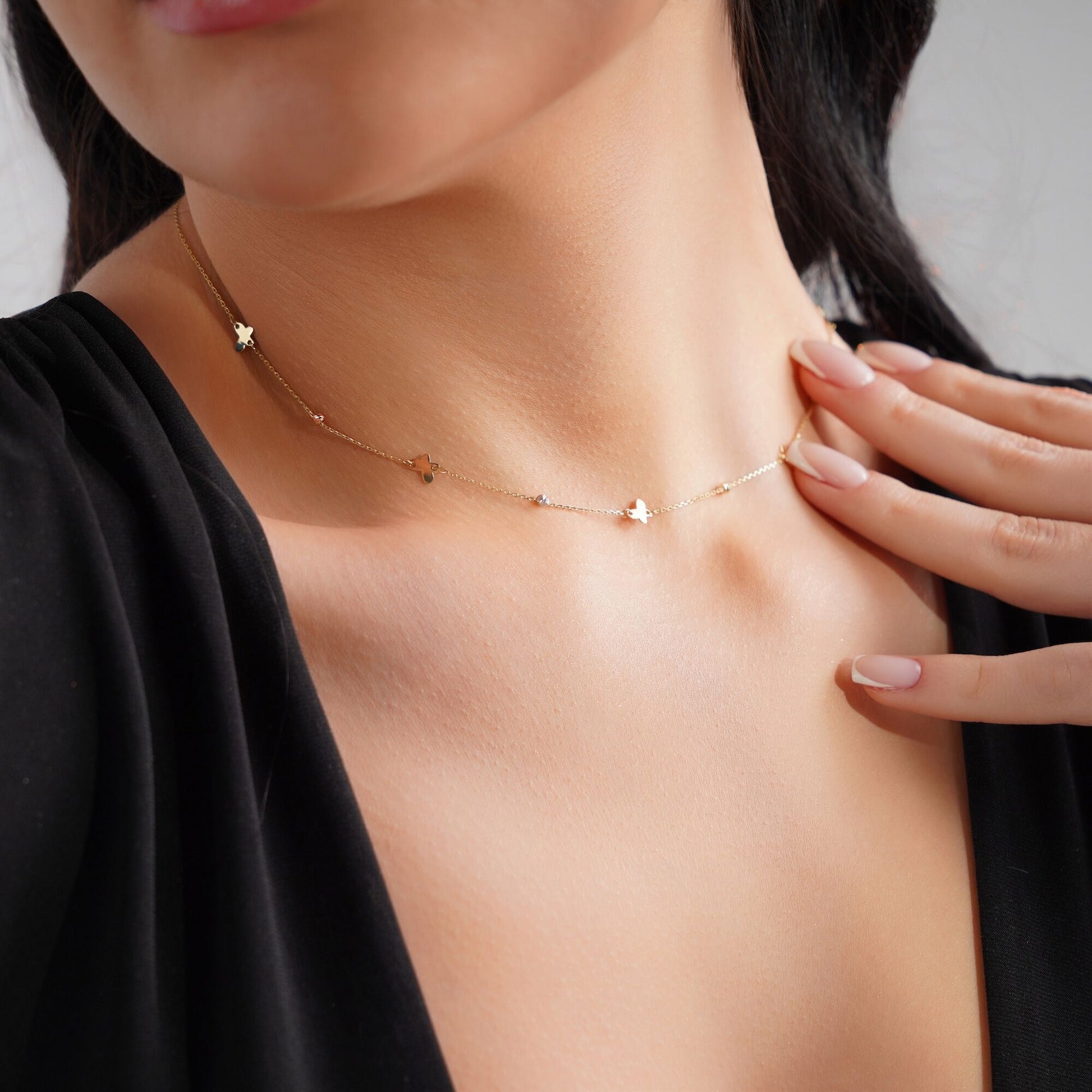 Butterfly Station Necklace in 14K Gold-4