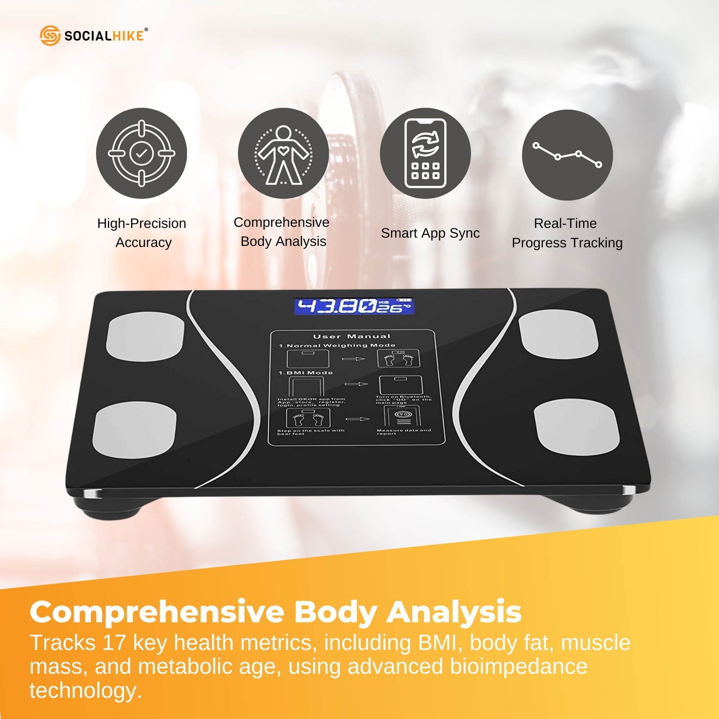 Bluetooth Smart Body Fat Scale Black - Digital BMI Weight USB Recharge with App-2
