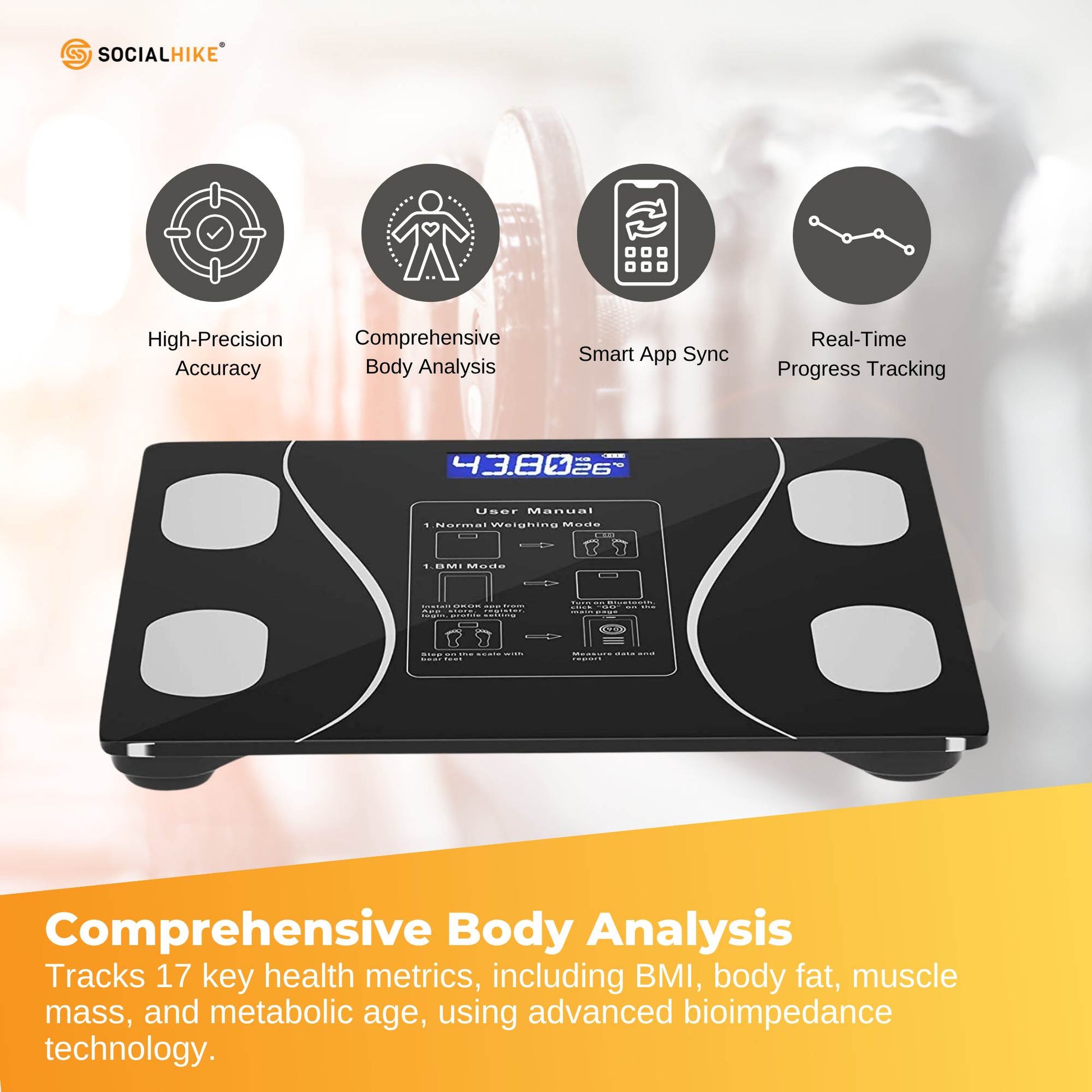Bluetooth Smart Body Fat Scale Black - Digital BMI Weight USB Recharge with App-2