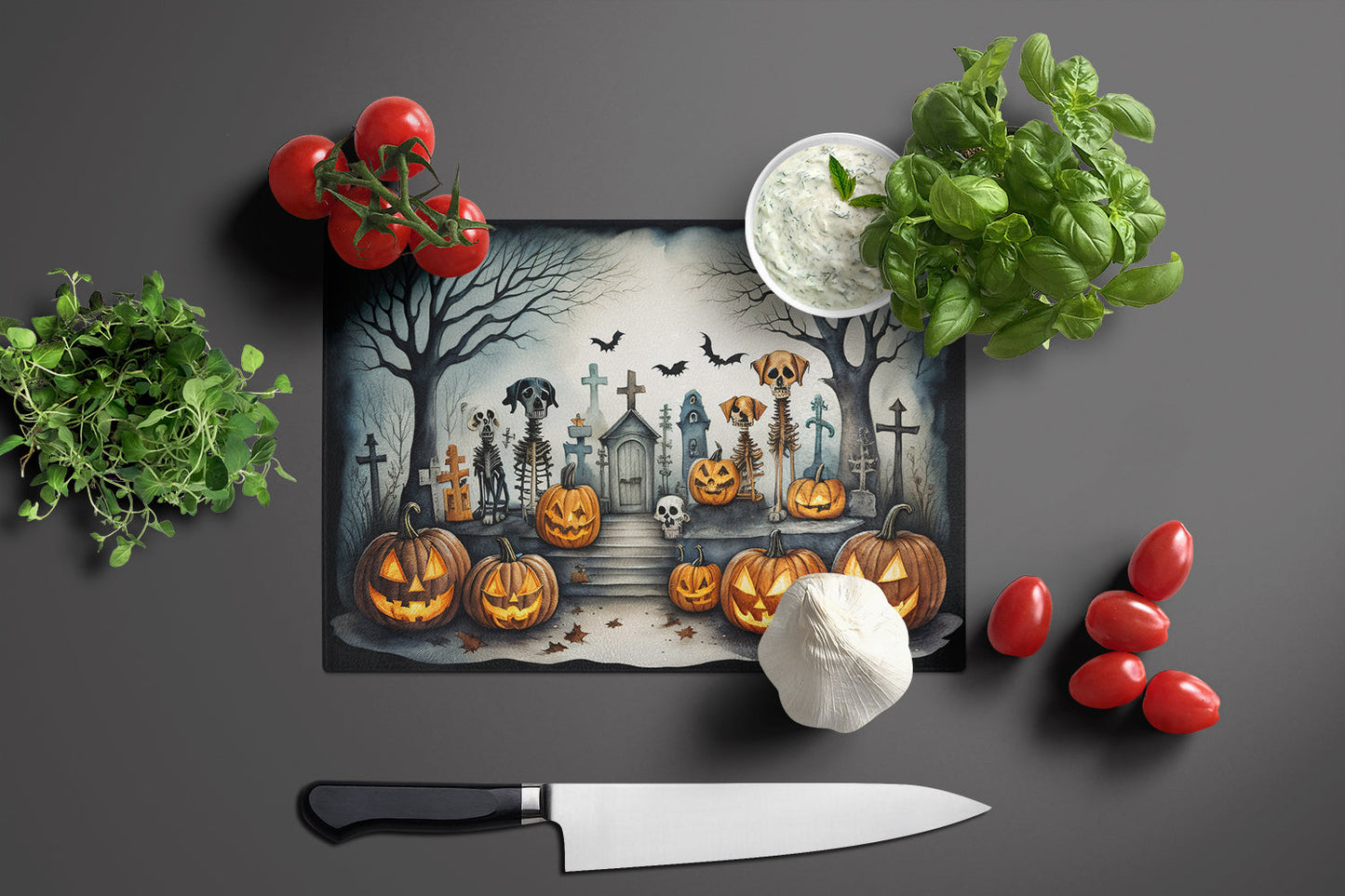 Pet Cemetery Spooky Halloween Glass Cutting Board-2