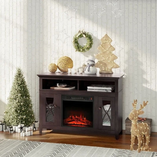 Espresso Electric Fireplace Mantel TV Stand w/ Adjustable Shelves 2 Storage Cabinets-0