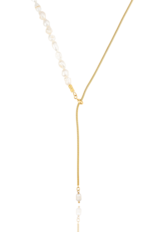 Half Gold Half Fresh Water Pearl Lariat Necklace-0