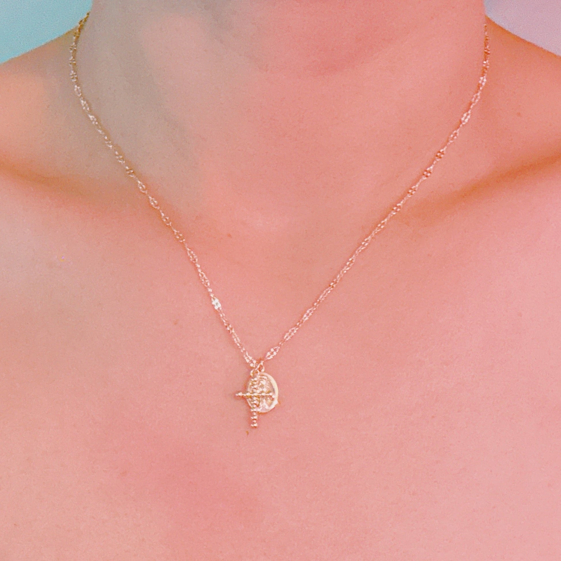 Faithful Duo Pendant Necklace – Gold-Tone Chain with Mini Cross and Saint Medallion Charms-1