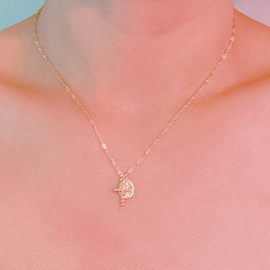 Faithful Duo Pendant Necklace – Gold-Tone Chain with Mini Cross and Saint Medallion Charms-1