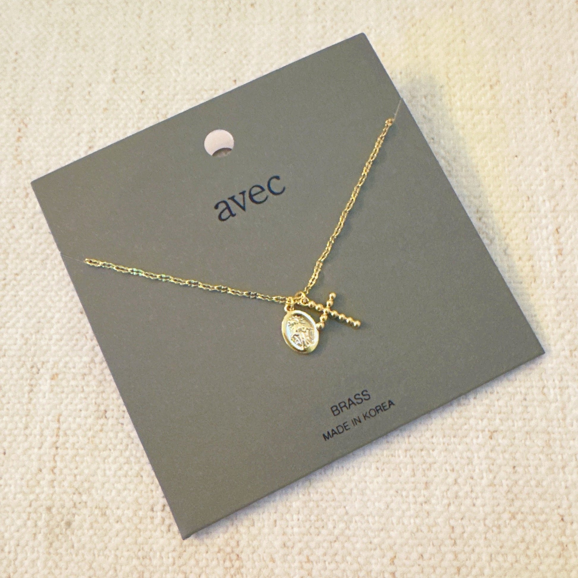 Faithful Duo Pendant Necklace – Gold-Tone Chain with Mini Cross and Saint Medallion Charms-2