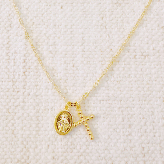 Faithful Duo Pendant Necklace – Gold-Tone Chain with Mini Cross and Saint Medallion Charms-0
