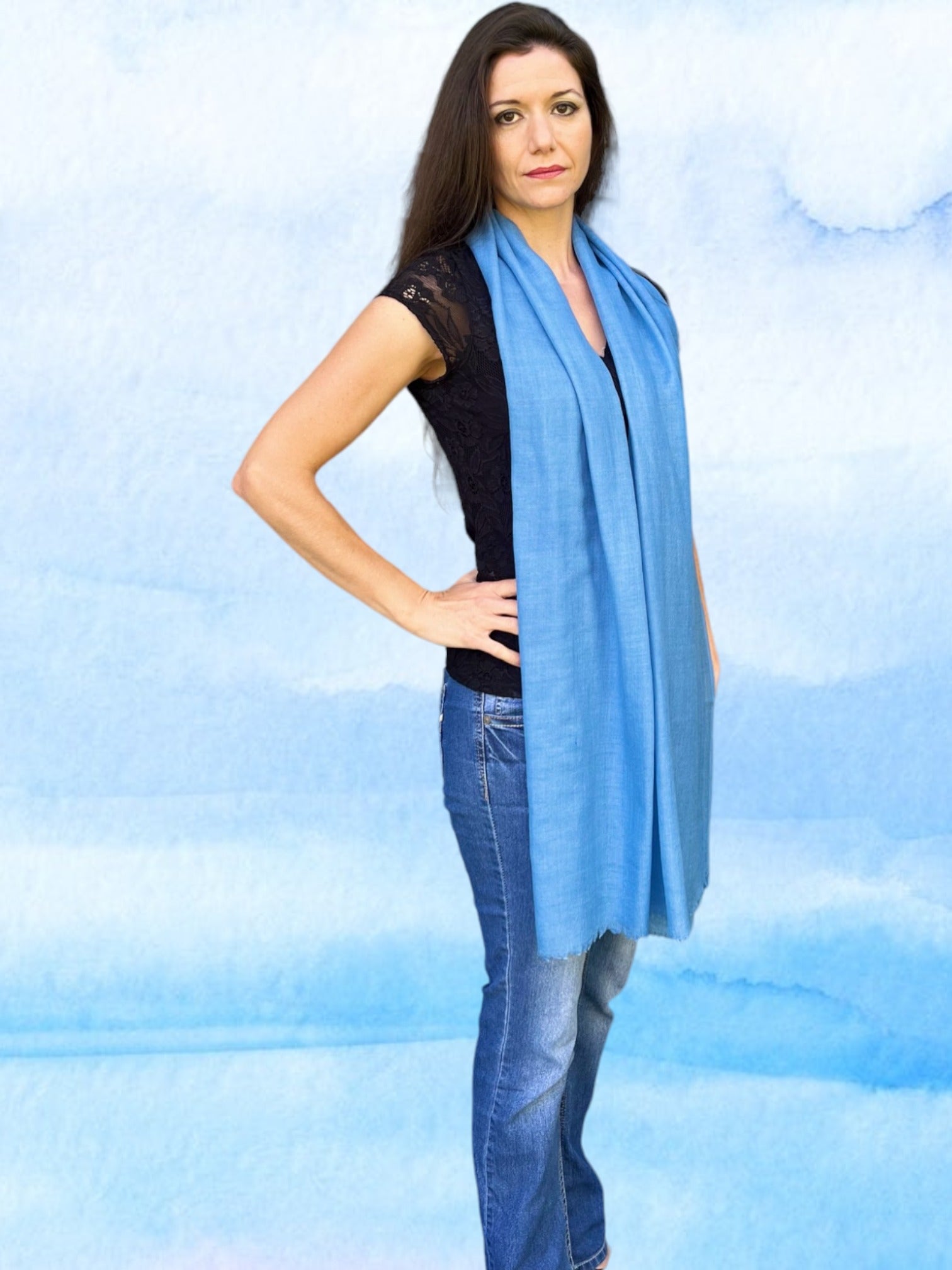 Light Blue Solid Wool Lightweight Scarf-0