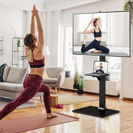 Tilt and Height Adjustable Floor TV Stand with Power Outlet and Adjustable AV Shelf-1