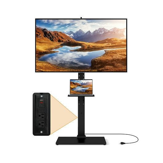 Tilt and Height Adjustable Floor TV Stand with Power Outlet and Adjustable AV Shelf-2
