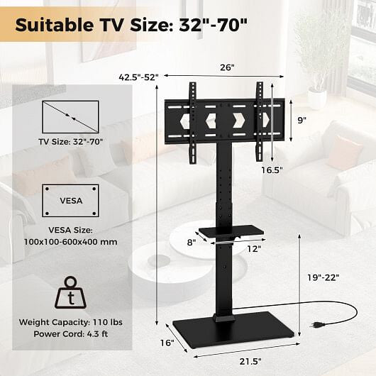 Tilt and Height Adjustable Floor TV Stand with Power Outlet and Adjustable AV Shelf-3