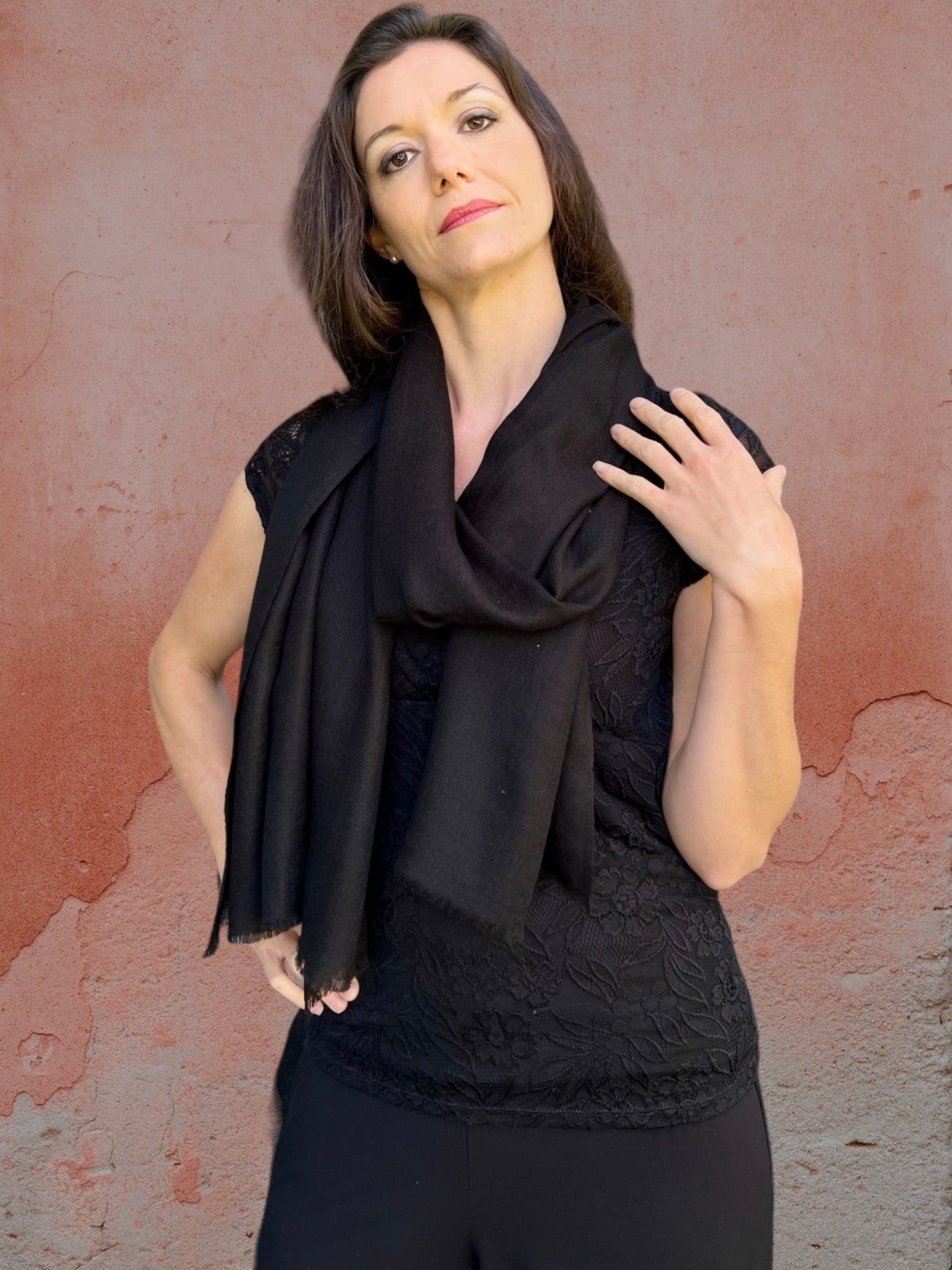 Black Solid Wool Lightweight Scarf-2
