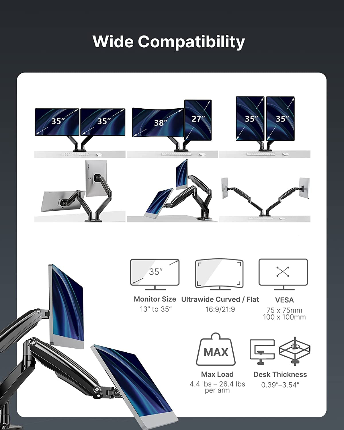 Dual Monitor Stand with USB, Height Adjustable-2