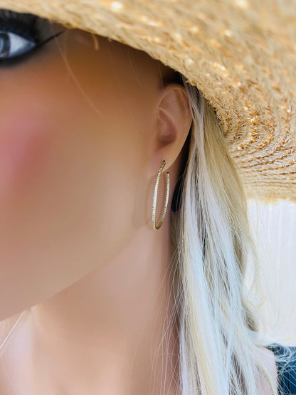 18K Gold Thin CZ Minimalist Hoop Earrings (K374)-2