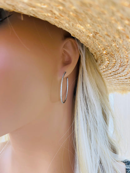 18K Gold Thin CZ Minimalist Hoop Earrings (K374)-3