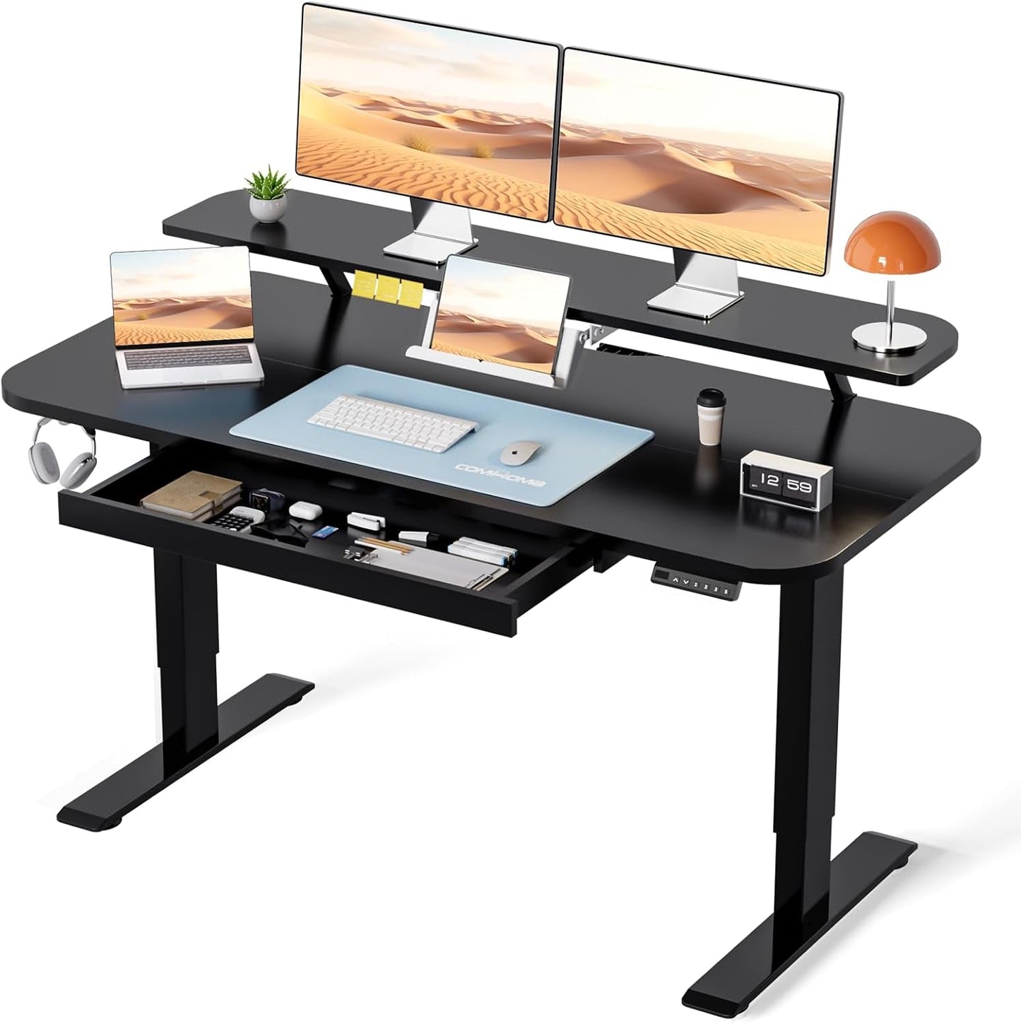 Electric Standing Desk with Drawers, 48 X 24'' Sit Stand up Desk with Monitor Stand, Laptop Stand, Height Adjustable Ergonomic Home Office Computer Desk with Memory Preset Controller (Black)-0