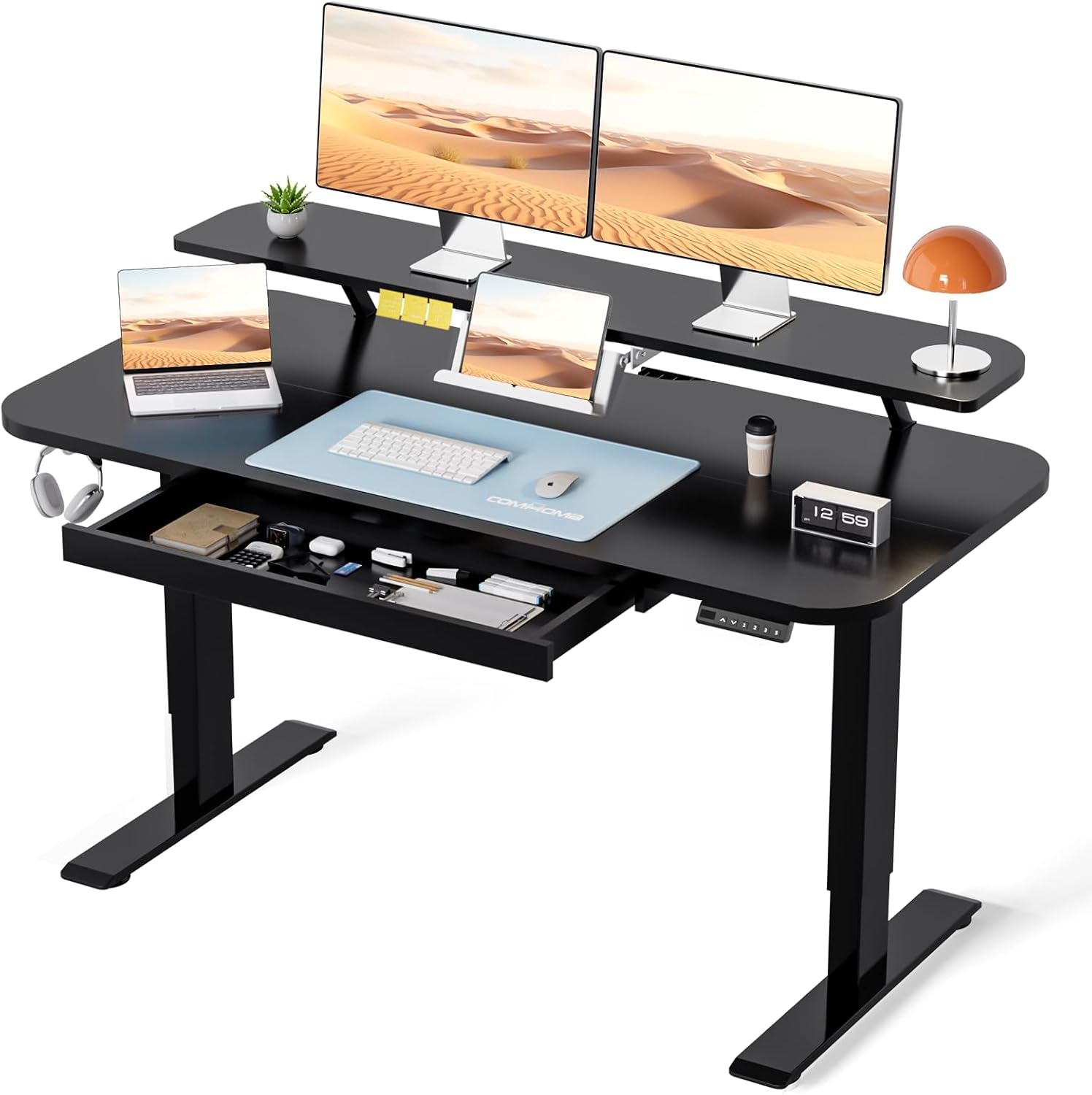 Electric Standing Desk with Drawers, 48 X 24'' Sit Stand up Desk with Monitor Stand, Laptop Stand, Height Adjustable Ergonomic Home Office Computer Desk with Memory Preset Controller (Black)-0