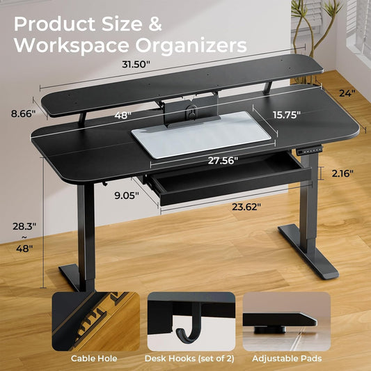 Electric Standing Desk with Drawers, 48 X 24'' Sit Stand up Desk with Monitor Stand, Laptop Stand, Height Adjustable Ergonomic Home Office Computer Desk with Memory Preset Controller (Black)-1