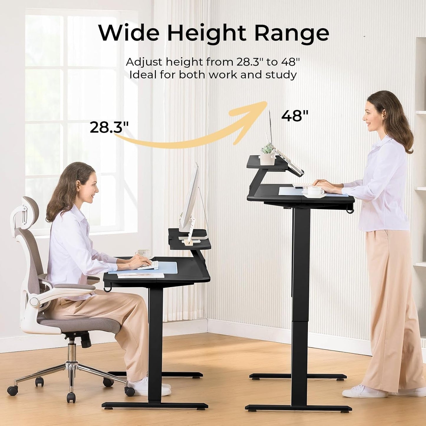 Electric Standing Desk with Drawers, 48 X 24'' Sit Stand up Desk with Monitor Stand, Laptop Stand, Height Adjustable Ergonomic Home Office Computer Desk with Memory Preset Controller (Black)-2