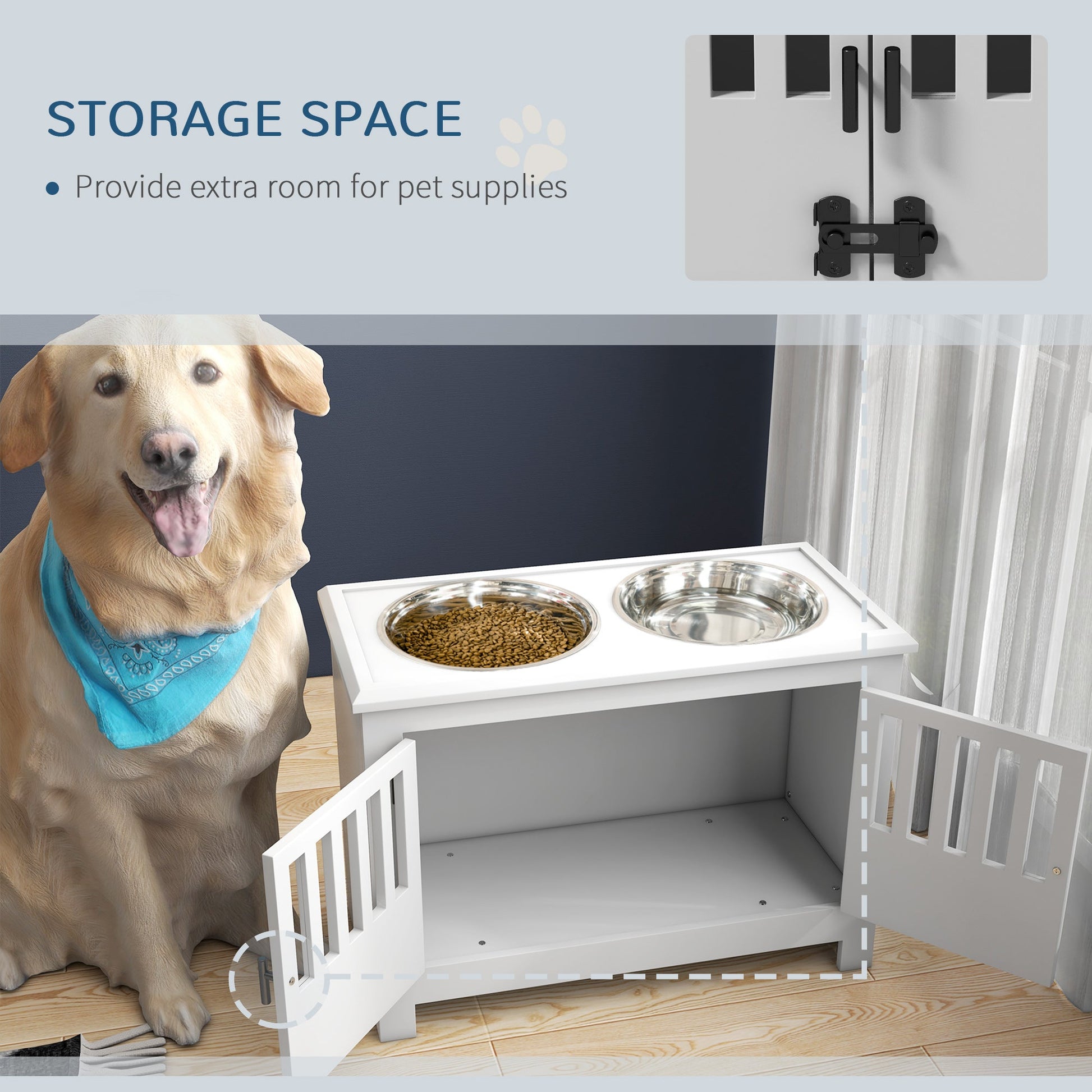 Raised Dog Bowls, Pet Feeding Station, with Storage, Food and Water Bowls, for Large Dogs - White-4